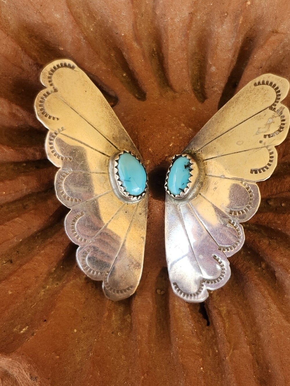 Vintage Native American Sterling Silver Turquoise Butterfly Wing Earrings 🦋